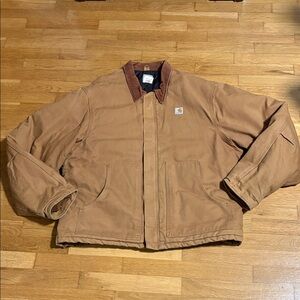 Carhartt Brown Duck Work Puffer Jacket with Dark Brown Collar